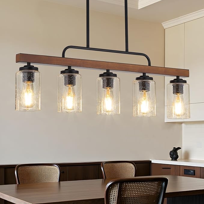 Farmhouse Chandelier 5-Light Dining Room Light Fixture Over Table Kitchen Island Lighting Rustic Chandeliers for Dining Light with Seeded Glass Shade Wood Pendant Lights Kitchen Island