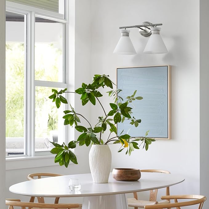 WOSHITU Bathroom Vanity Light Fixtures - Brushed Nickel Bathroom Lighting Fixtures Over Mirror 2-Lights with Modern Milky White Frosted Glass Shade, Mid Century Wall Light 17.3in (Exclude E26 Bulb)