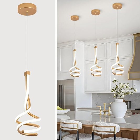 EIDISUNY Modern Pendant Light, Spiral LED Pendant Light Fixture, 4500K LED Hanging Lamp, Gold Chandelier Lights Fixture, 20W Adjustable for Kitchen Island, Dining Room, Bedroom,1 Pack