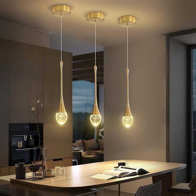 ykolupty Modern Crystal Pendant Light LED Dimmable Crystal Ceiling Pendant Lighting for Kitchen Island Dining Room Hallway Bedroom (Gold 3 Pack)