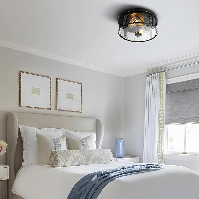 Rustic Close to Ceiling Light Fixtures, Farmhouse Flush Mount Ceiling Lighting, Metal Cage Lighting with Seeded Glass Black Cage for Home Kitchen Dining Room Bedroom Hallway Entryway Foyer