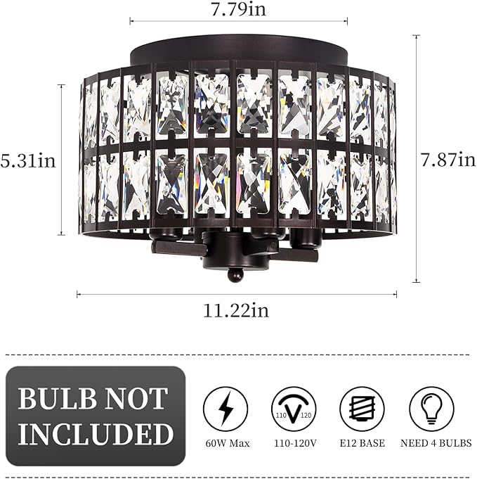 Oil Rubbed Bronze Flush Mount Ceiling Light Fixture, 4-Light Crystal Ceiling Light for Bathroom Bedroom Hallway Kitchen Light Fixtures Ceiling Mount