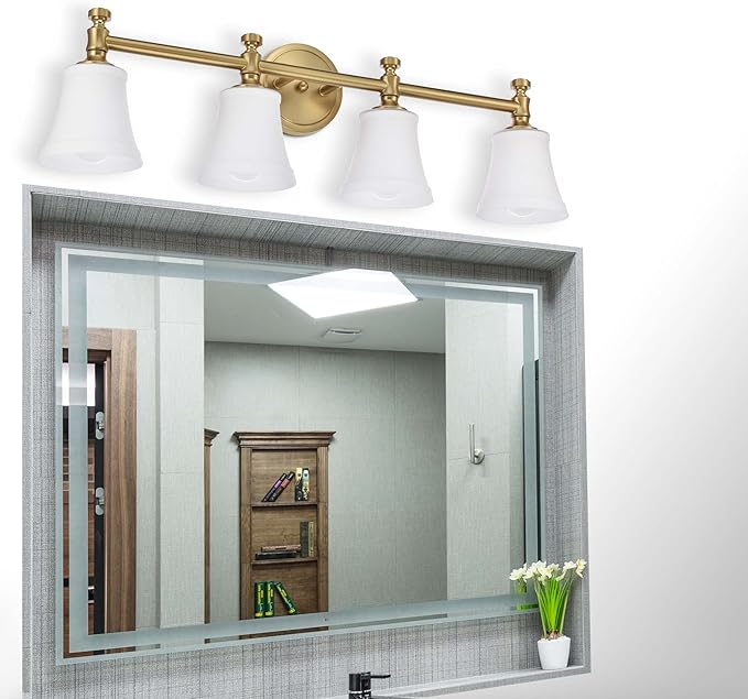 Bathroom Vanity Light Fixtures, Traditional Aged Brass 4 Lights Wall Sconce Lighting with Opal Glass Shade, Porch Wall Mount Light Fixture for Bathroom, Mirror Cabinets Hallway Stairs