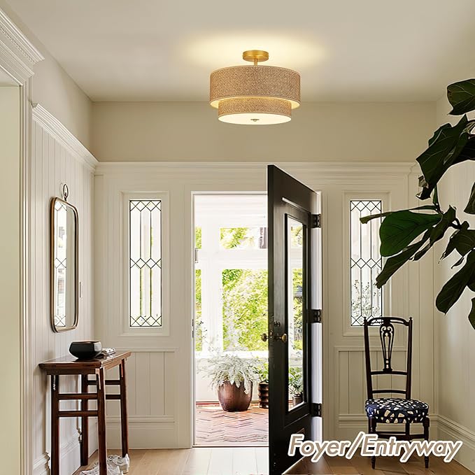 16 Inch Woven Rattan Linen Semi Flush Mount Ceiling Light Fixture, Modern Boho Drum Lamp for Bedroom, Kitchen, Dining Room, Living Room, Hallway, Entryway, Farmhouse Gold Wicker Chandelier