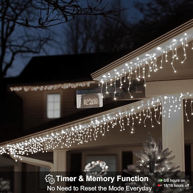 LED Icicle Lights for Outdoor Christmas Decorations,98.4Ft 1000 LEDs Christmas Fairy Light with Timer&Memory Function,8 Lighting Modes,Plug in hanging Curtain Lights for Xmas Party Wedding(Cool White)