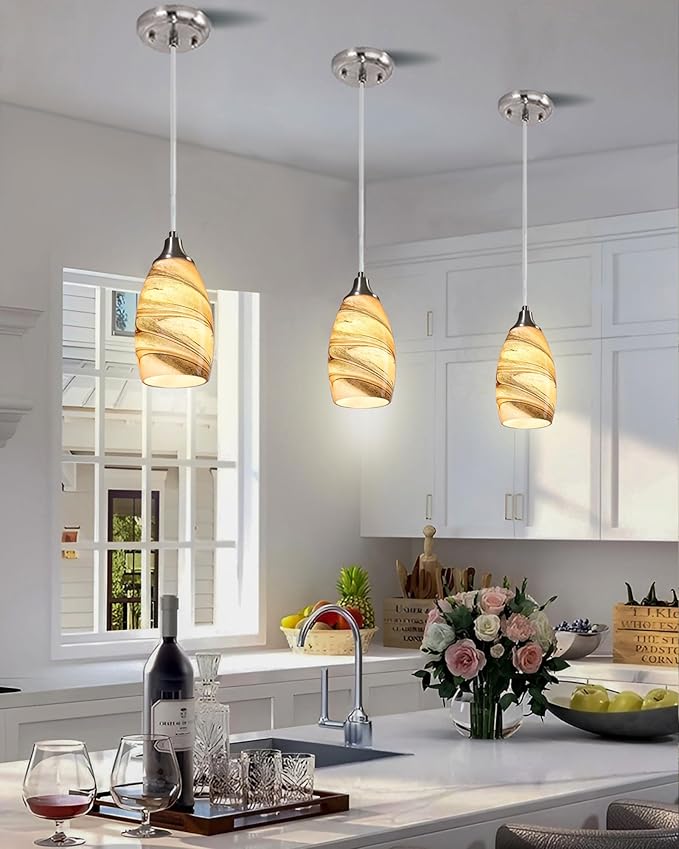karyfine Mini Pendant Lights Kitchen Island Light Brown Glass Lamp Shade Hand Blown Glass Pendant Light with Brush Nickel Finish Adjustable Cord for Kitchen Over Sink, Dining Room (Light Brown-1P)