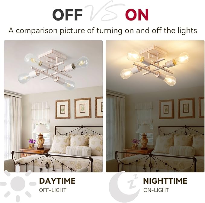 Industrial 4-Light Semi Flush Mount Ceiling Light Fixture, 2 Pack Modern White Gold Chandelier Lighting, Farmhouse Sputnik Ceiling Lamp, E26 Base Pendant Lamps