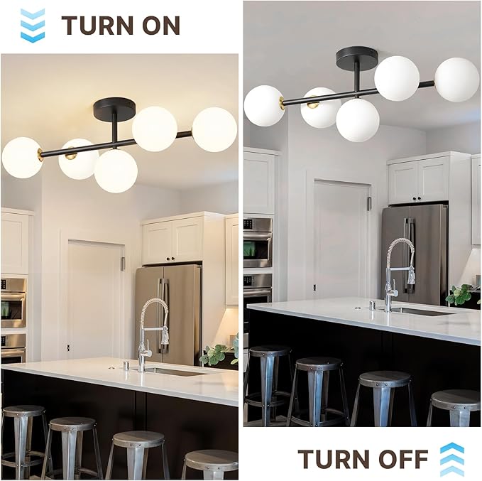 Globe Milk Glass Ceiling Light: Black 5 Lights Semi Flush Mount Ceiling Light - Linear Century Modern Lighting Fixture - 27 Inch Brass Glass Lights with Sphere Shade for Bedroom Living Room Hallway