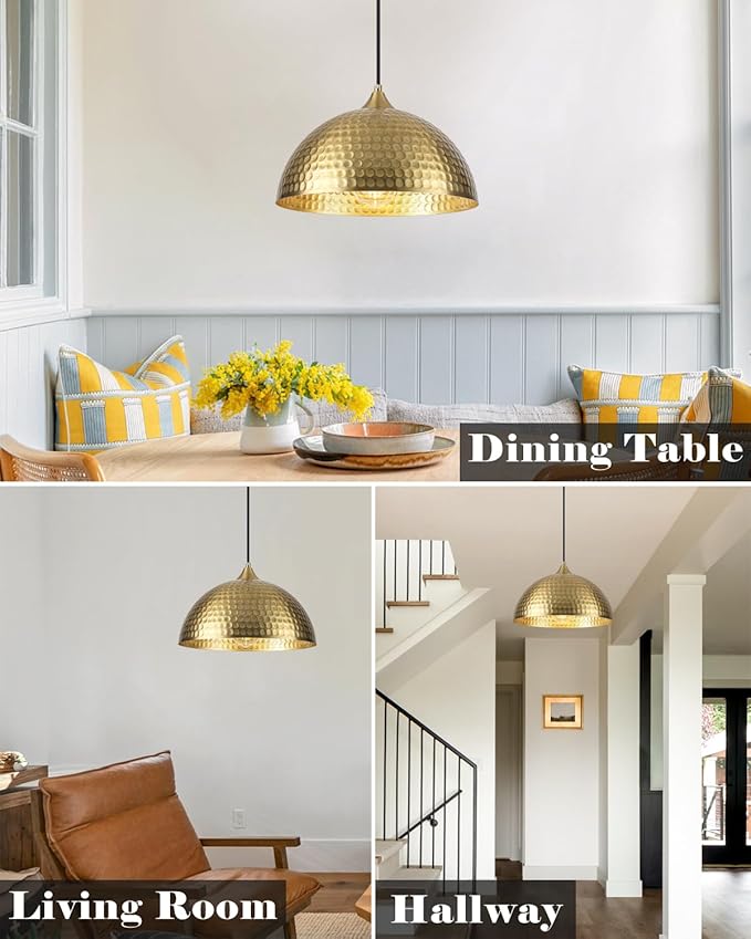 Hammered Pendant Lights Kitchen Island 3 Pack, 12 Inch Gold Dome Pendant Light, Industrial Hammered Pendant Light, Island Pendant Lights for Kitchen, Dining Room, Cafe