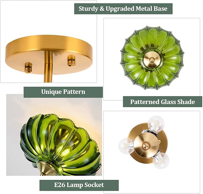 Semi Flush Mount Ceiling Light,Vintage Ceiling Light 9.8 Inch Small Green Glass Ceiling Lighting E26 Hallway Vintage Lights Fixture Ceiling for Living Room, Bedroom, Dining Room