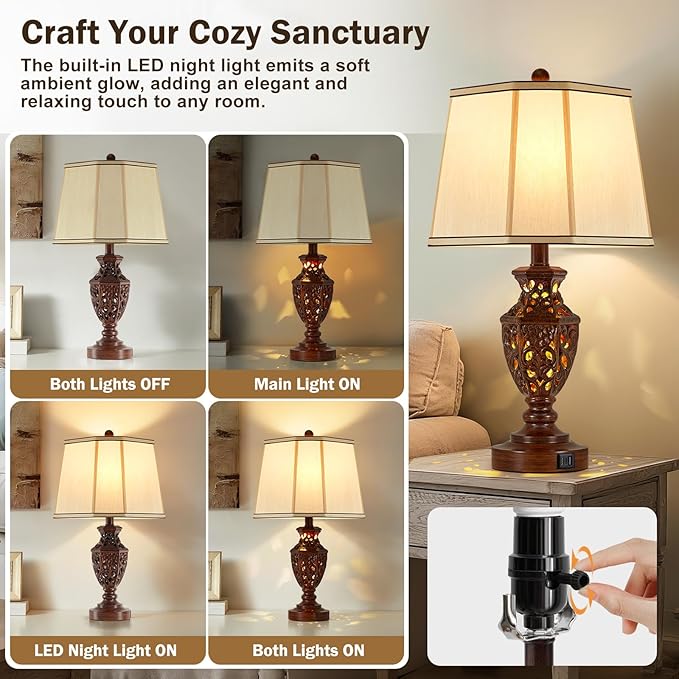 EJIAXIN Lamps for Night Stands Set of 2-23.5" Vintage Bedside Lamp with USB A+C and Nightlight - Brown Retro Carved Resin Farmhouse Desk Lamp for Bedrooms, End Tables, Living Room, Bulbs Included