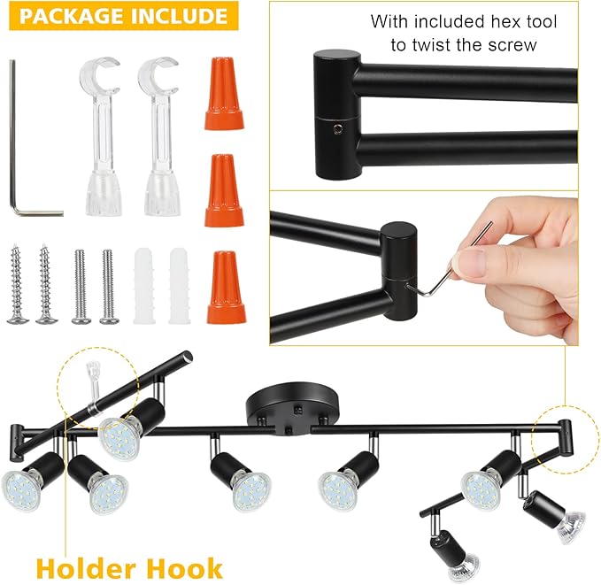 Unicozin LED 8 Light Track Lighting Kit, 54.13'' Black 8 Way Ceiling Spot Lighting, Flexibly Rotatable Head, Track Light Included 8 x LED GU10 Bulb (4W, Daylight White 5000K, 400LM)