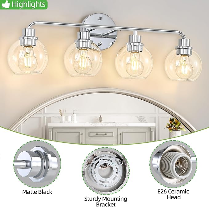 Bathroom Light Fixtures Chrome Vanity Light 27 Inch Silver 4 Light Modern Wall Sconces Lighting Bathroom Lights with Globe Glass Shades Bath Wall Lights for Mirror Kitchen Living Room Hallway
