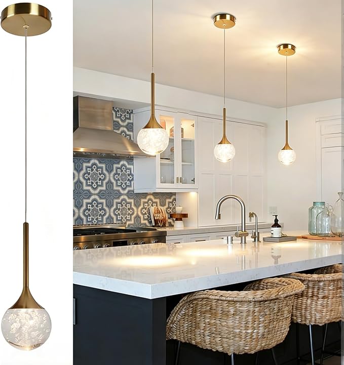 Brushed Brass Crystal Pendant Lights, Globe Bubble Crystal Ceiling Hanging Light Fixture, Dimmable LED Light Fixture for Kitchen Island Dining Room Bar Bedroom, 3000K