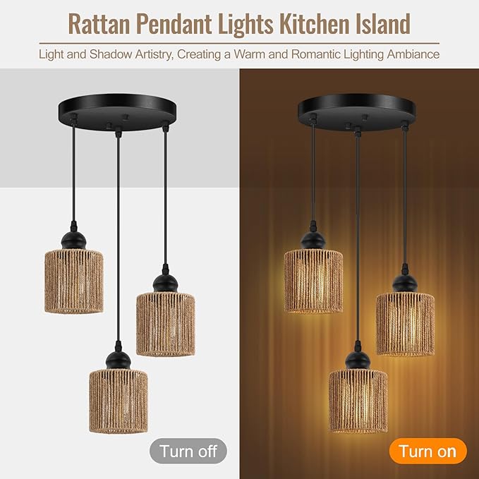 BoostArea 3-Light Rattan Pendant Lights Kitchen Island, Farmhouse Chandelier with Handwoven Wicker Shade, Adjustable Height Boho Hanging Light for Kitchen Island/Dining Room/Bedroom/Hallway, No Bulb