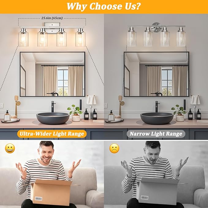 Unicozin 4-Light Bathroom Light Fixtures, Modern Vanity Lights with Clear Glass Shades, Brushed Nickel Bathroom Wall Lamp for Mirror Living Room Cabinet Bedroom