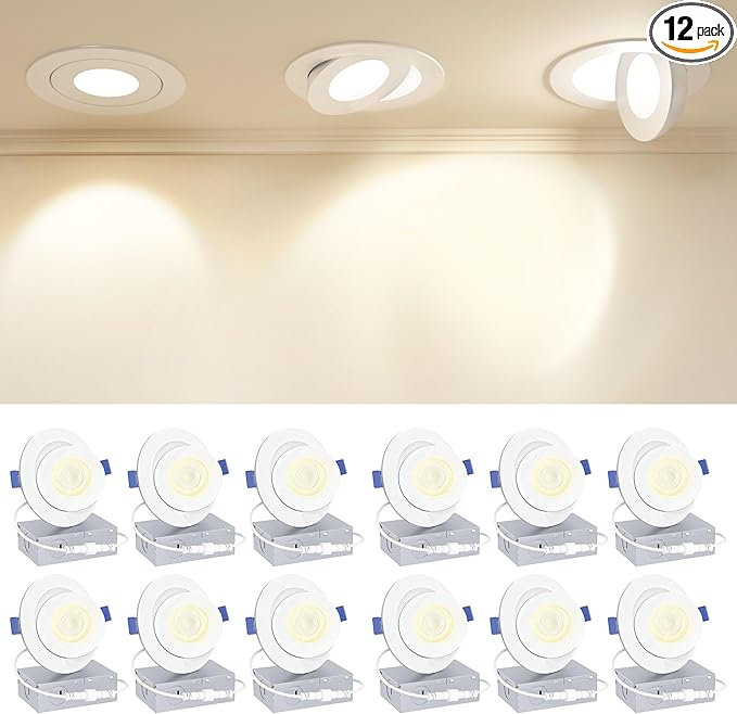 Ensenior 12 Pack 4 inch Gimbal Led Recessed Light with Junction Box, 90° Adjustable Directional Eyeball Lighting, Dimmable, 2700K/3000K/3500K/4000K/5000K, 900LM, 9W=85W-ETL&FCC Certified