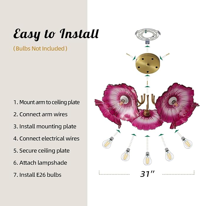 Flower Glass 5 Lights Ceiling Light - Red Vintage Floral Semi Flush Mount Chandelier Lighting Fixtures - Mid Century Modern Art Deco Lamp for Bedroom Bathroom Hallway Hall Laundry Kitchen Dining Room
