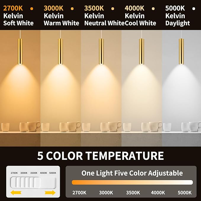 Zoomable LED Pendant Lights Modern Ceiling Hanging Spotlight Pendant Lighting,5CCT/2700K-5000K,Zoomable 15°-60°,Unique Pendant Lighting for Kitchen Island Bar,12W (Gold)