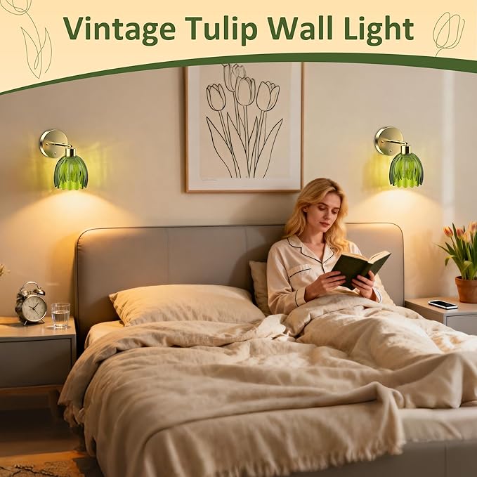 MOKOQI Wall Sconces Set of 2 Battery Operated | Tulip Glass Wall Lamps Rechargeable 5200mAh Wireless Wall Sconce Dimmable for Bedroom Living Room Hallway, Elegant Green Tulip Lampshade Wall Decor