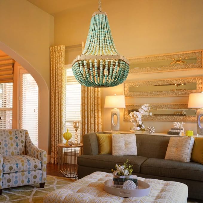 Newrays Wood Bead Chandelier Pendant Gray Blue Finishing Bohemian Boho Beachy Ceiling Lamp Light Fixtures (18.89 in*24.40 in)