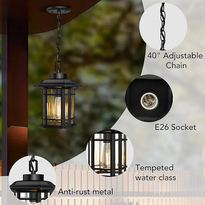 WIHTU Outdoor Pendant Light Fixture, Exterior Hanging Lights, Hanging Lantern with Adjustable Chain, Anti-Rust Aluminum Frame with Glass with Raindrop Effect for Front Door Ceiling Entry Porch