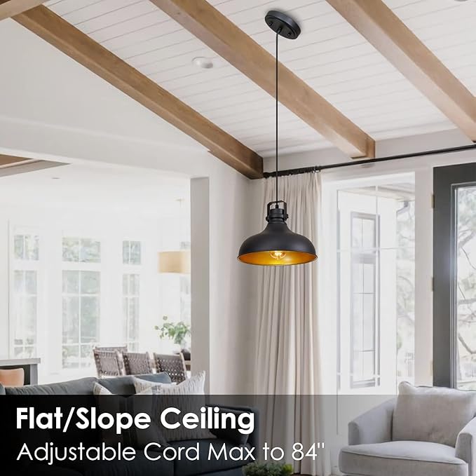Black Farmhouse Pendant Lights Matte Pendant Lighting for Kitchen Island Industrial Adjustable Height Vintage Dome Hanging Light Fixtures for Barn, Dining Room 1 Pack