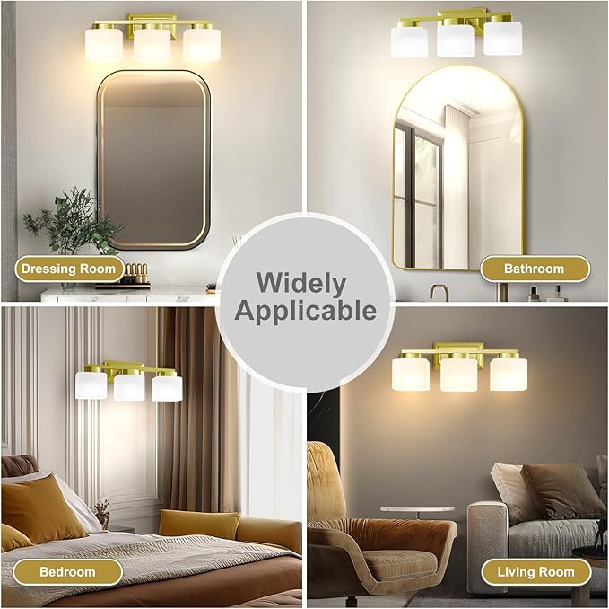EJIAXIN 3-Light Bathroom Light Fixtures - Gold Bathroom Vanity Lights with Glass Shade Modern Bathroom Lighting Fixtures Over Mirror - Wall Sconce Lamps for Bedroom,Living Room,Hallway
