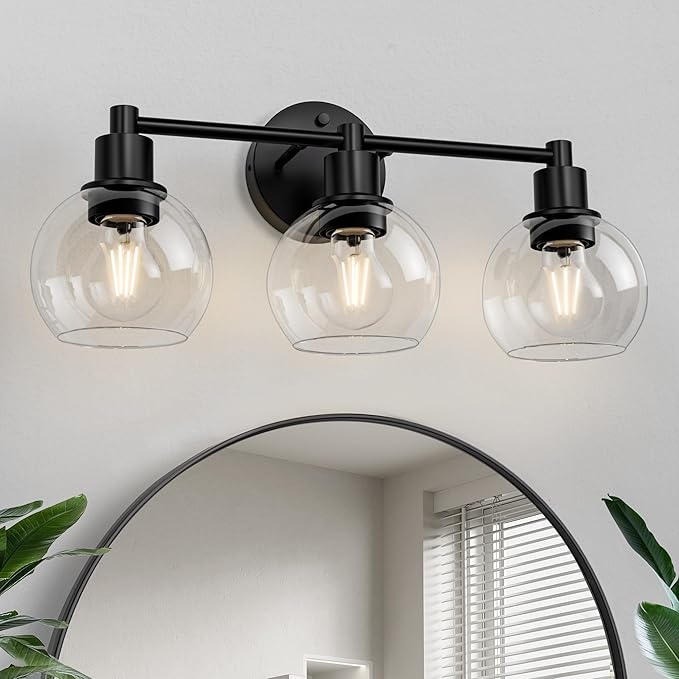 Espird 3 Lights Bathroom Vanity Light Fixtures Black, Bathroom Lights Over Mirror, Industrial and Farmhouse 3 Lights Wall Sconce, Matte Black Globe Vanity Lighting Fixtures