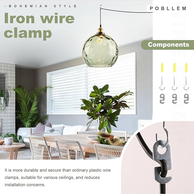 Plug in Vintage Pendant Light Green Glass Boho Hanging Swag Lamp with 13.8-inch Hammered Glass Globe Large Plug in Light Fixture Ceiling Hanging for Kitchen Dining Room Living Room