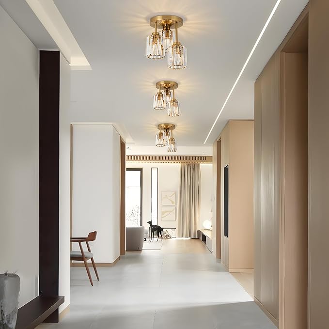 Gold Close to Ceiling Light Fixtures, 3-Light Crystal Ceiling Light with Clear K9 Crystal Shades, Modern Semi Flush Mount Ceiling Light for Hallway Kitchen Bathroom Entryway