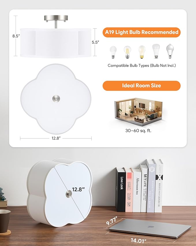 VONLUCE Semi-Flush Mount Ceiling Light, 12.8" Modern 4-Light Ceiling Light Fixture with White Clover-Shaped Shade 4 E26 Sockets for Bedroom Entryway Living Room, Nickel Finish, ETL Certificated