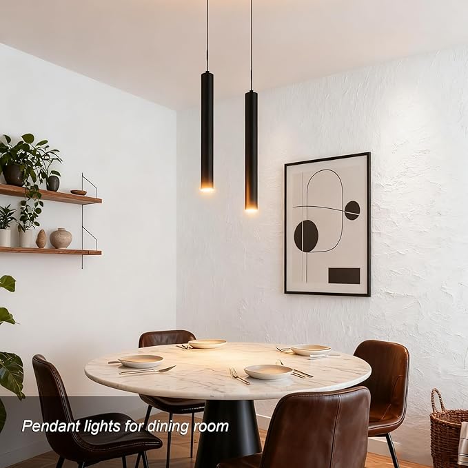 2 Pack Black Pendant Lights, Modern 3W LED Pendant Light Fixtures for Kitchen Island, Long Tube Hanging Light Cord Adjustable for Dining Table Bedroom Bar Hallway (23.6 Inch, 3000K)