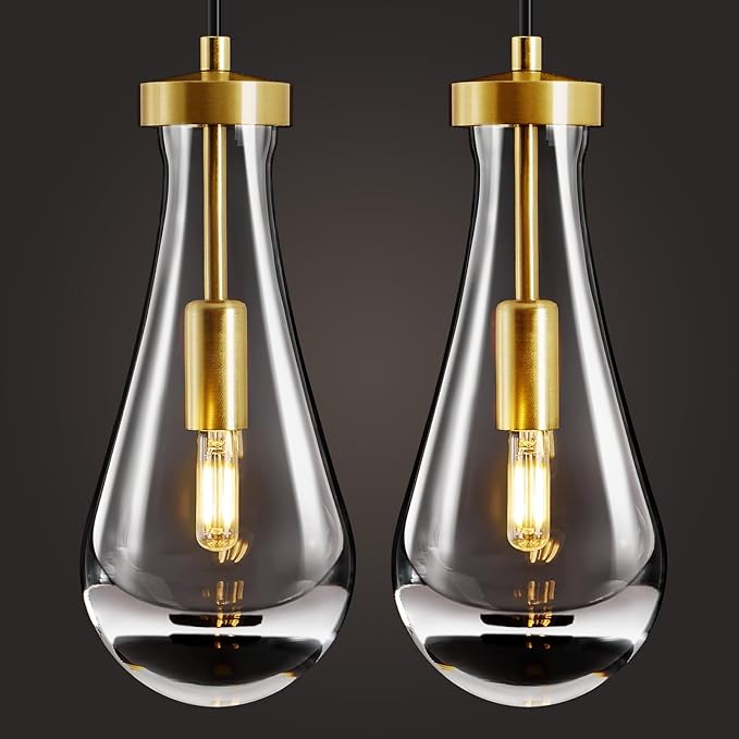 Raindrop Pendant Lights Kitchen Island: 2 Raindrops Crystal Light Fixtures - Gold Brass Teardrop Chandelier Lighting over Dining Table - Modern Glass Tear Drop Ceiling Pendants Light Bulb Not Included