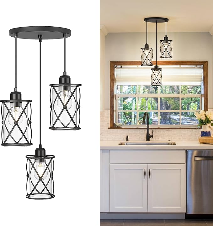 Black Dining Room Chandelier Light Fixtures, 3-Light Pendant Lighting with Clear Glass, Modern Kitchen Island Cluster Hanging Pendant Lights for Sink, CH9176BK3