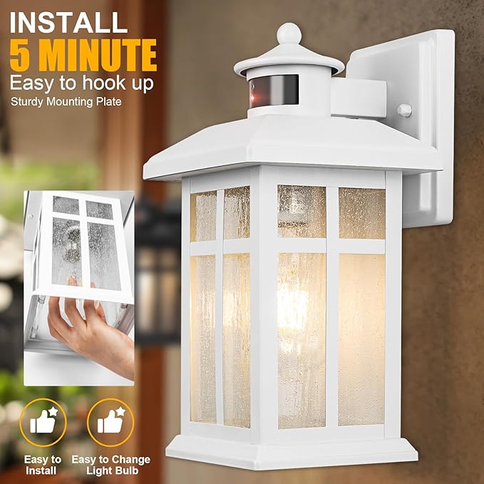 Brilvibera Dawn to Dusk Motion Sensor Wall Light Fixtures - White Wall Mount with E26 Sockets & Tempered Glass, Waterproof Outdoor & Indoor Lights for House, Porch, Garage, Door