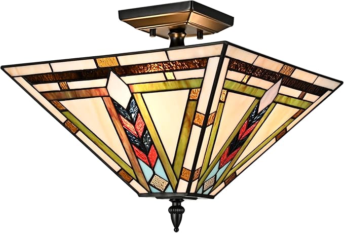 DANSEER Stained Glass Ceiling Light 3-Light Tiffany Style Semi Flush Mount Light Vintage Ceiling Light Fixture with Glass Copper Shade for Hallway Bedroom Living Room Entryway