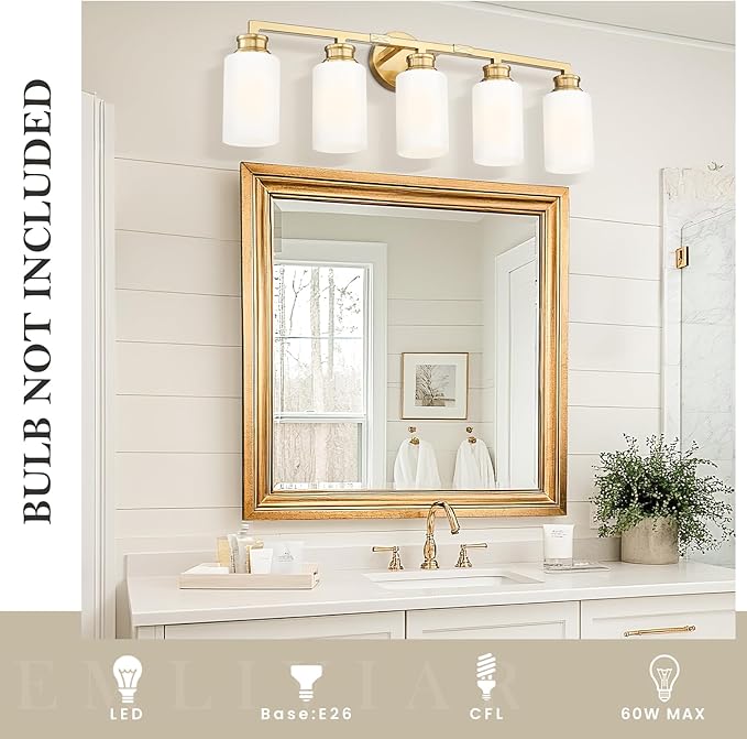 Emliviar Bathroom Vanity Light Fixture Brushed Gold, 5-Light Bathroom Lighting Fixture Over Mirror with Milk White Glass Shade, YCE253B-5W BG