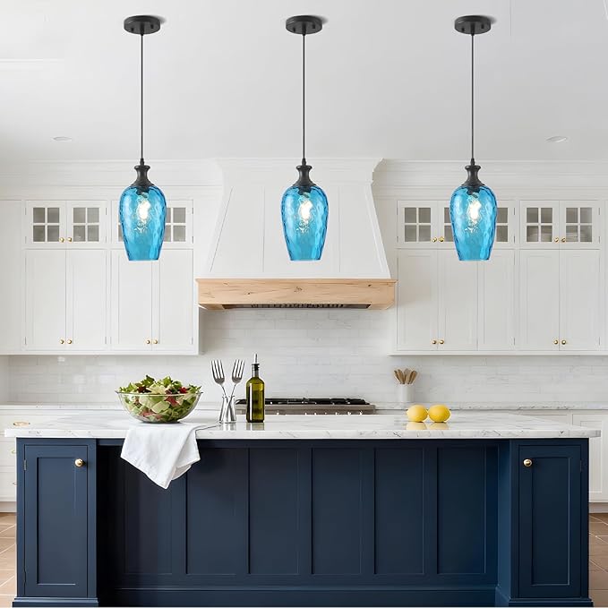 Pendant Lights Kitchen Island 2 Pack, Blue Glass Pendant Light Fixtures with Hammered Glass, Modern Hanging Light for Kitchen Sink Dining Room Bedroom