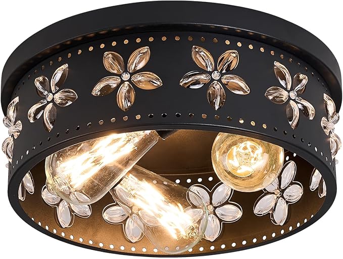 12.6 inch Black Flush Mount Ceiling Light Fixtures, 3-Light Ceiling Mount for Industrial, Crystal Light Fixtures for Farmhouse, Bedroom, Living Room, Kitchen, Hallway and Foyer (1 Pack)