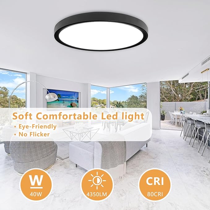 20 Inch LED Flush Mount Ceiling Light, 40W, 4350LM, 3000K/4000K/6000K CCT Selectable Super Slim Round Flat Panel Light for Living Room, Bedroom, Kitchen, Black