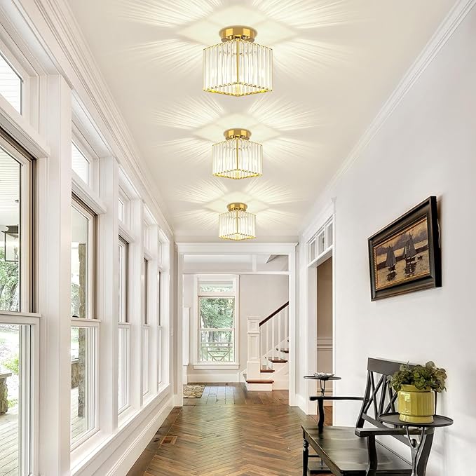2-Pack Crystal Ceiling Light Fixture Modern Square Semi Flush Mount Ceiling Light Gold Hallway Light Fixtures Chandelier for Kitchen Entryway Bedroom Bathroom Laundry Foyer, 7.24Inch