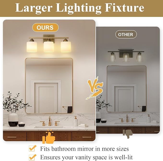 Mecgirn Milk Glass Vanity Lights for Bathroom, 3 Light Brass Bathroom Light Fixtures Over Mirror, Ceramic E26 Sockets Wall Mounted