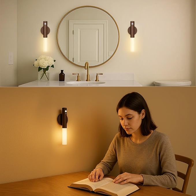 WhitePoplar Rechargeable Motion Sensor Night Lights - 2200mAh Battery Operated Wall Sconces, Wireless Wall Lights Sconce, Magnetic Portable Hallway Light for Picture Stair Cabinet, 3000K 4 Pack