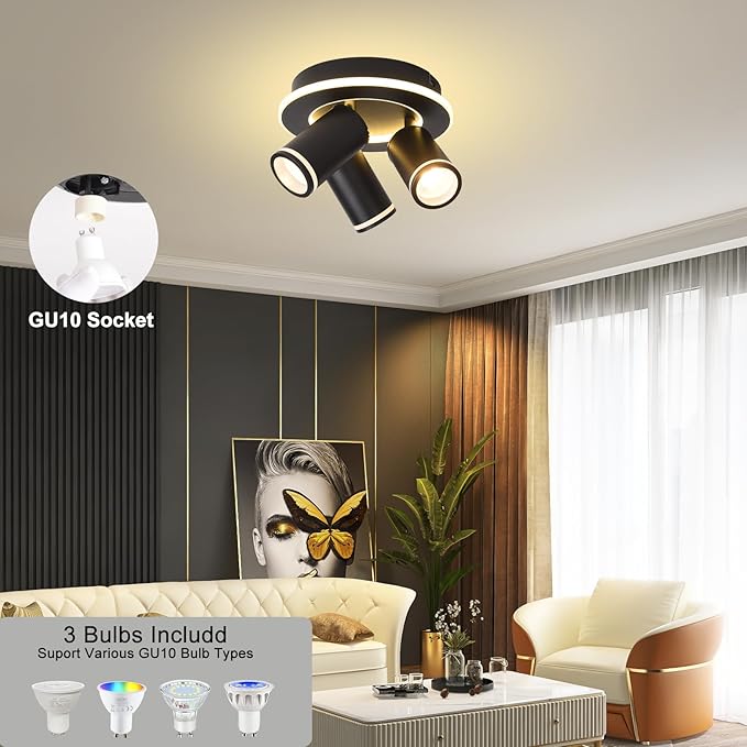 LED 3 Light Track Lighting Kit, Black Round Ceiling Spot Lighting Fixture with Flexibly Rotatable Heads, Modern Spotlight for Kitchen, Living Room, Bedroom, Dual Lighting Design,Includes 3 x GU10 Bulb