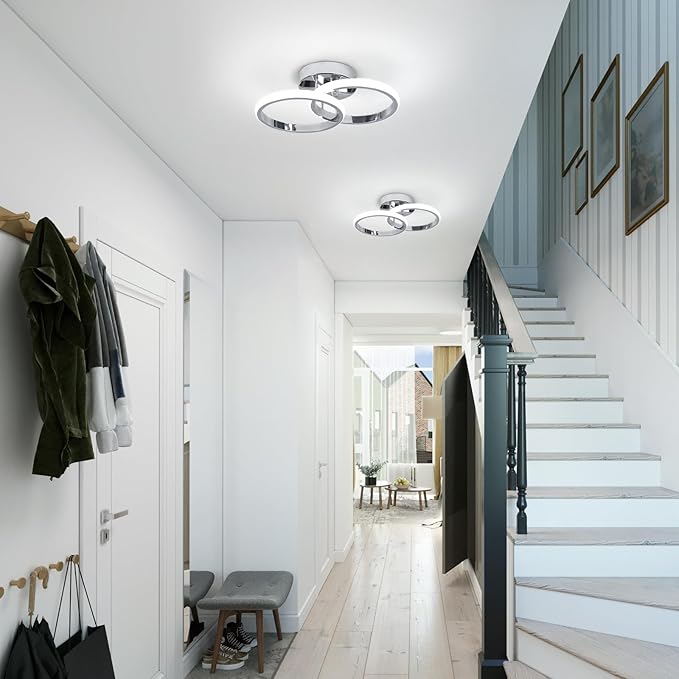 CANEOE 2 Packs Modern Led Ceiling Light Fixtures, 6000K Cool White Hallway Light Fixtures Ceiling, Bathroom Close to Ceiling Lights for Corridor Stair Aisle Lamps (Chrome, 2 Packs)