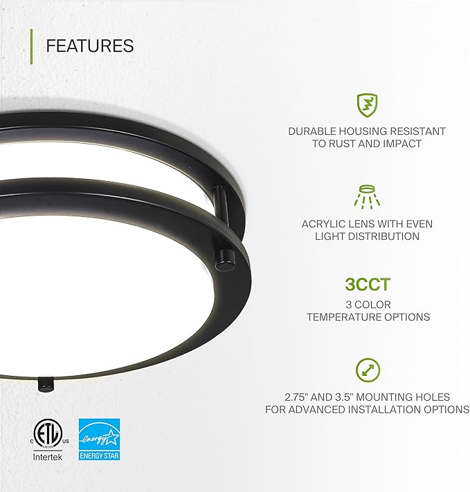ASD LED 10" Round Flush Mount Lighting, Close to Ceiling Light Fixture | 3CCT, Dimmable, Energy Star, ETL Listed | 16W 1041LM 3000K-5000K 120V | Low Profile Double Ring Lamp | Black, 4 Pack