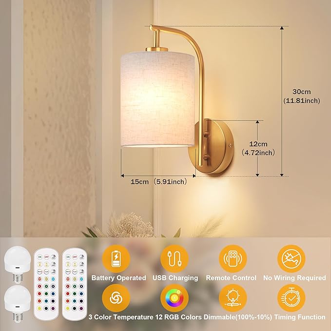MATAMEYE Battery Operated Wall Sconce Set of 2, Gold Rechargeable Dimmable Wall Light Fixture Remote, 12 RGB Colors & Timer, Wireless Lamp Linen Shade