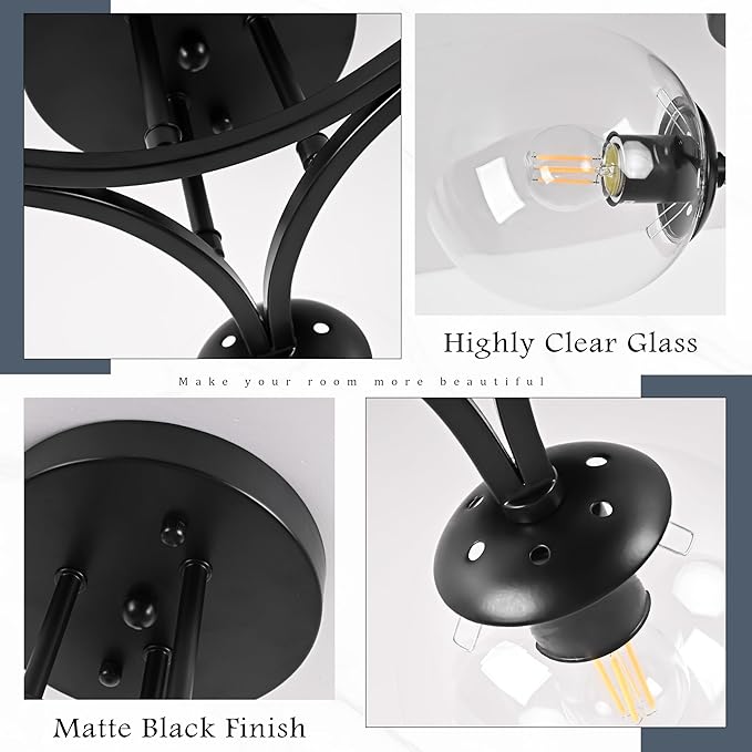 Mid Century Modern Ceiling Light Clear Globe Semi Flush Mount Ceiling Light Black Sputnik Light Fixture Chandeliers Clear Glass Matte Black Chandeliers Living Room Dining Room Bedroom 3 Lights
