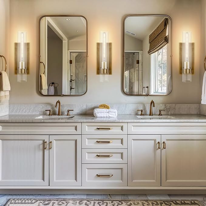 18" Wall Sconces Set of 2, Gold Bathroom Vanity Light Fixtures with Clear Glass Tube, Modern Brass Lamp Lighting for Mirror, Bedroom, Living Room, Hallway, Staircase